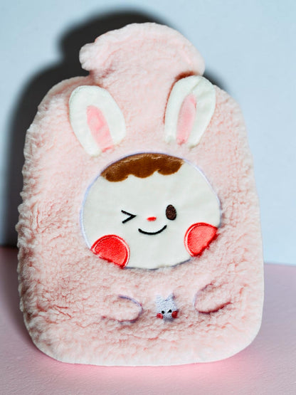 Miso station plush pink rabbit hot water bottle cover with embroidered winking character face and 3D ears