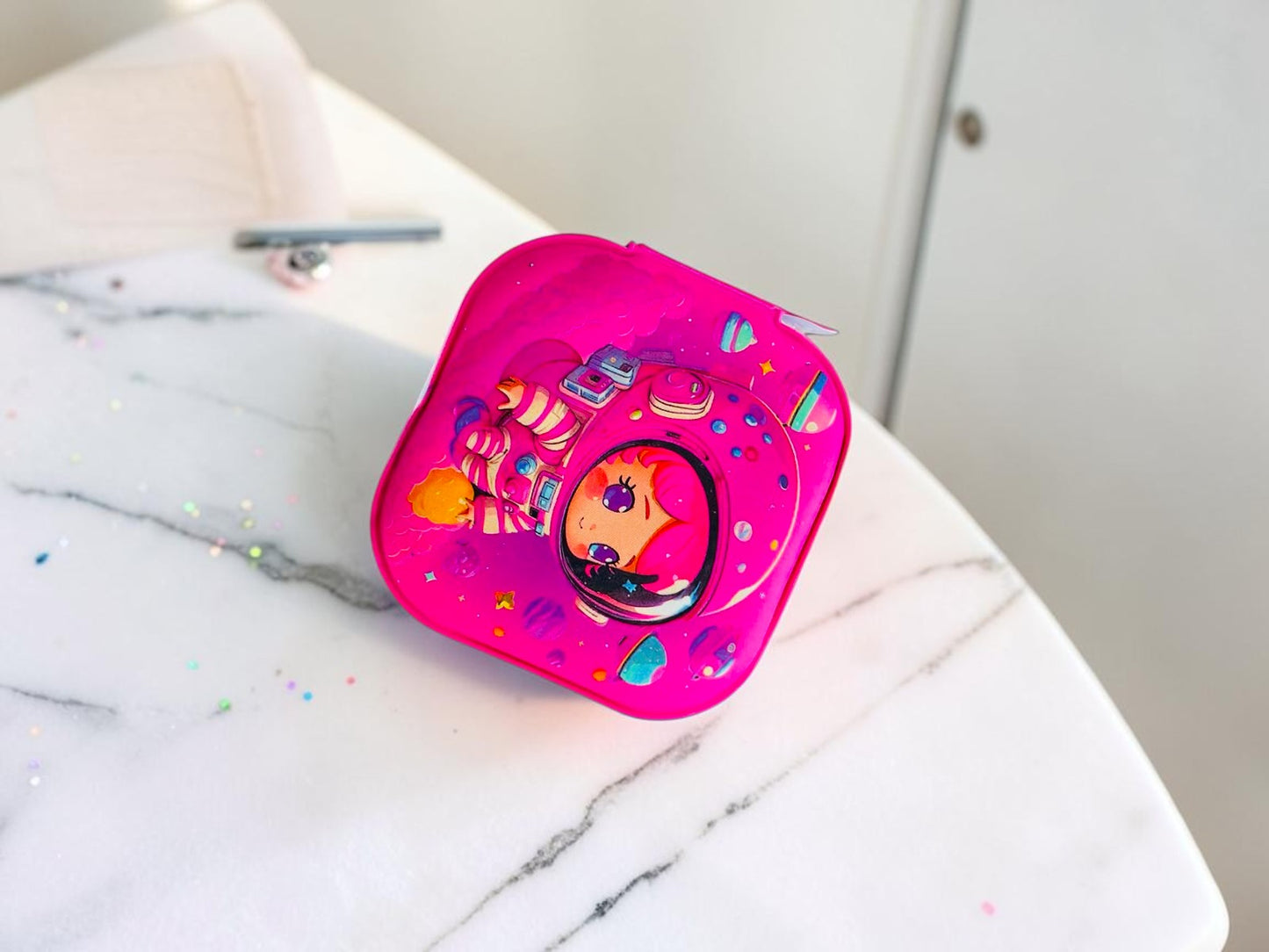 Miso station Kawaii-Q Astro Luna & Lyra square pink storage case with a cute space-themed astronaut character design.
