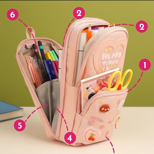 Miso station pastel pink multi-compartment stationery organizer pouch with 3D resin charms and glitter heart window.