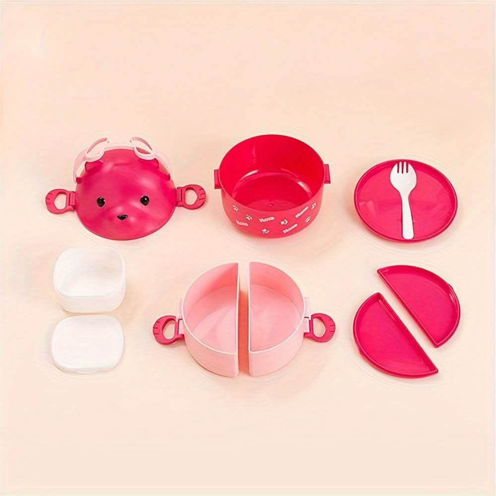 Miso station pink teddy bear shaped multi-tiered kids lunch box with matching spoon and stackable compartments