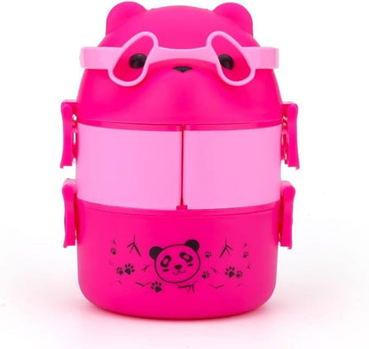 Miso station pink teddy bear shaped multi-tiered stackable lunch box for kids with cute glasses and panda print