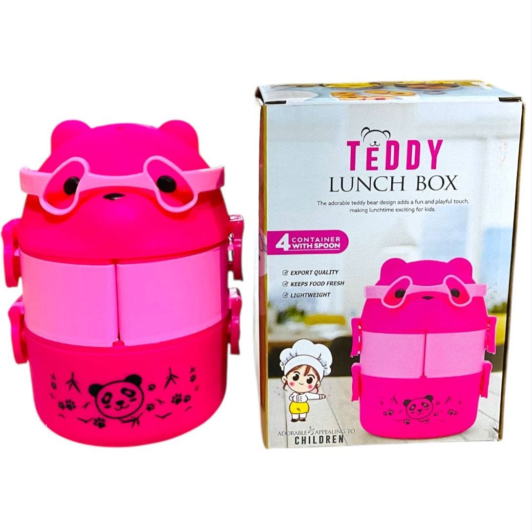 Miso station pink teddy bear shaped stackable kids lunch box with matching spoon and cute glasses lid design