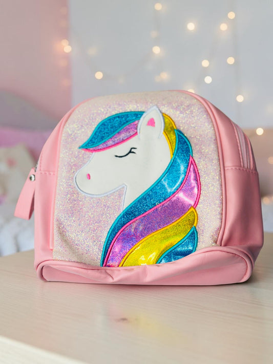 Miso station pink mini backpack with a glittery front panel and a colorful unicorn appliqué for children