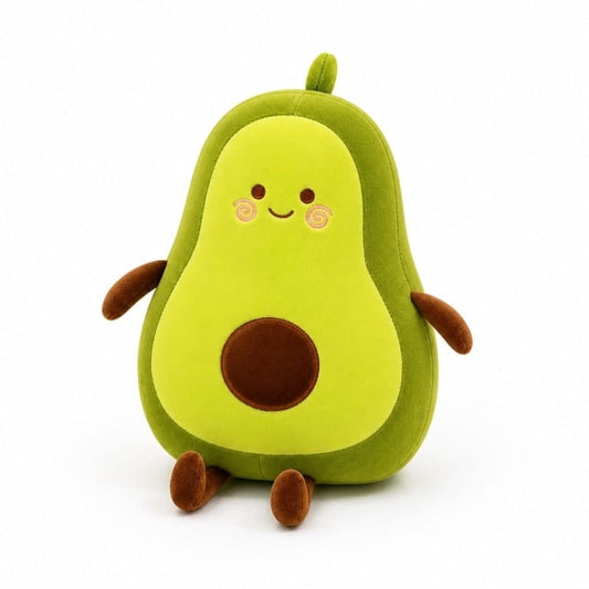 Miso station soft plush avocado stuffed animal with a smiling face and rosy cheeks in vibrant green and brown.