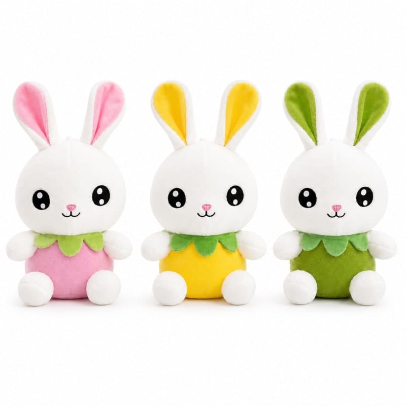 Miso station soft plush bunny stuffed animals in pink, yellow, and green with petal collars and expressive eyes