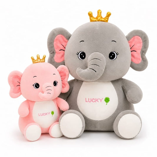 Miso station grey and pink plush elephant toy set with gold crowns and lucky clover embroidery