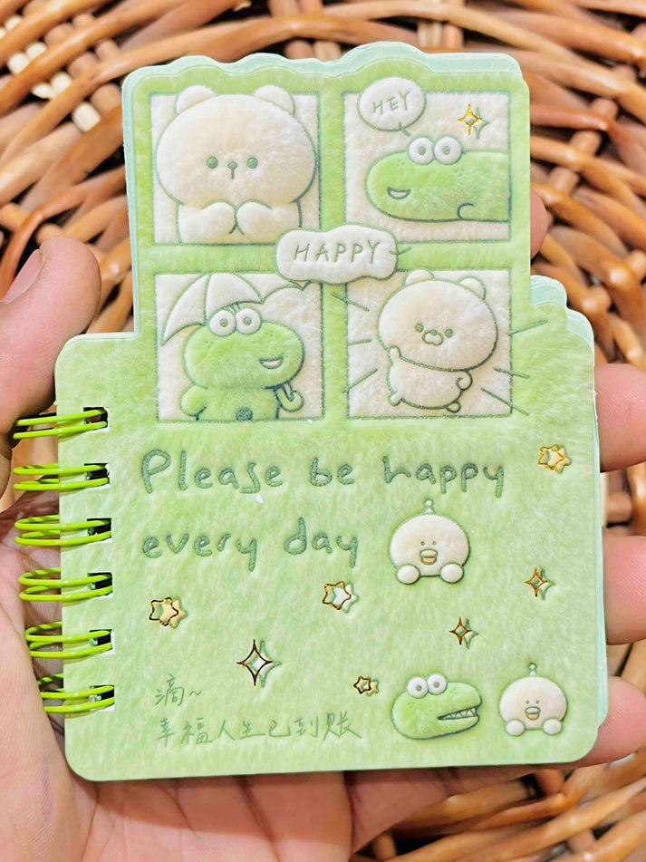 Miso station plush spiral memo notepad in light green with cute cartoon animal illustrations and happy text
