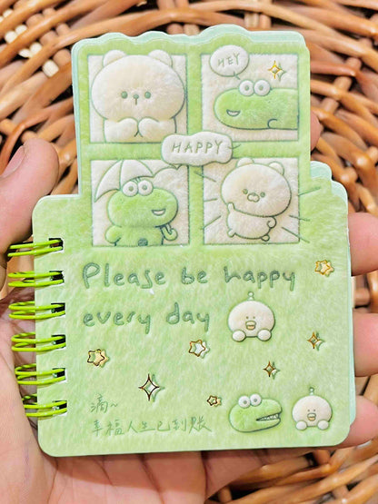 Miso station plush spiral memo notepad in light green with cute cartoon animal illustrations and happy text