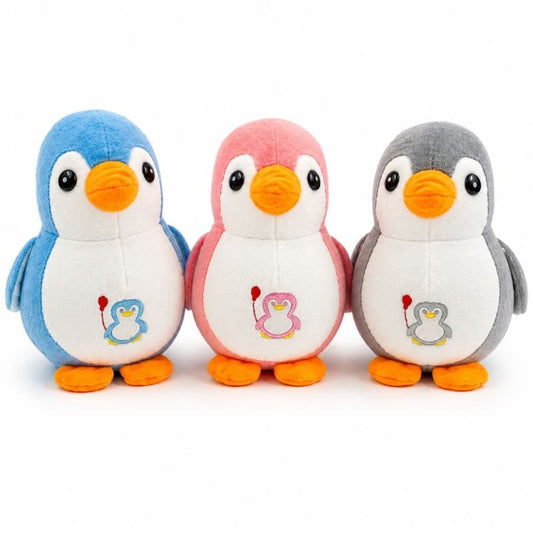Miso station set of three soft plush penguin toys in blue, pink, and grey with embroidered belly icons