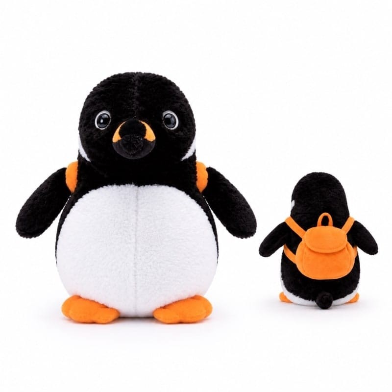 Miso station plush penguin toy with black and white fur, orange feet, and a small orange backpack on its back