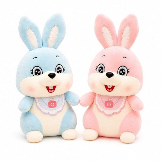 Miso station plush rabbit stuffed animals in pastel blue and blush pink with floppy ears and cute bibs
