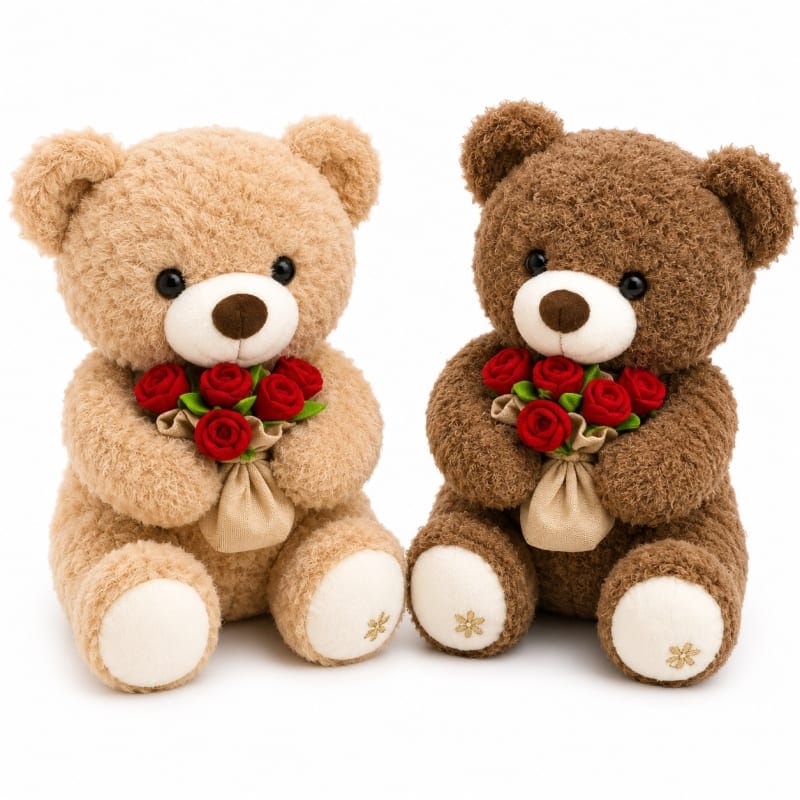 Miso station plush teddy bear pair in tan and chocolate brown, each holding a red rose bouquet with burlap wrap.