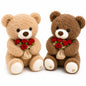Miso station plush teddy bear pair in tan and chocolate brown, each holding a red rose bouquet with burlap wrap.