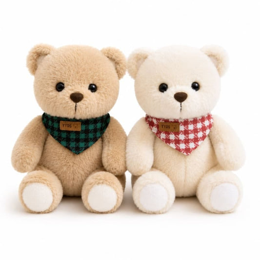 Miso station plush teddy bear set featuring a tan bear with green plaid bandana and white bear with red gingham scarf