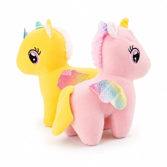 Miso station plush unicorn duo in sunny yellow and soft pastel pink with iridescent wings and textured manes.