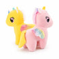 Miso station plush unicorn duo in sunny yellow and soft pastel pink with iridescent wings and textured manes.