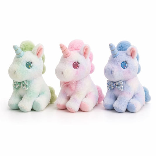 Miso station plush unicorn trio with tie-dye fur, shimmering horns, and floral bow ties in sitting poses.