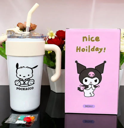 Miso station 860ml white insulated stainless steel tumbler with Pochacco character print, handle, and straw.
