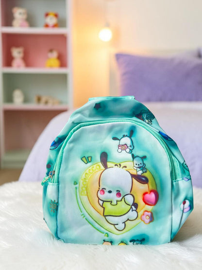 Miso station Pochacco mini sling backpack in teal with vibrant character print and secure zipper closure