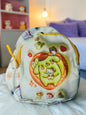 Miso station Pompompurin mini sling backpack with yellow zipper and cute character print on a white background