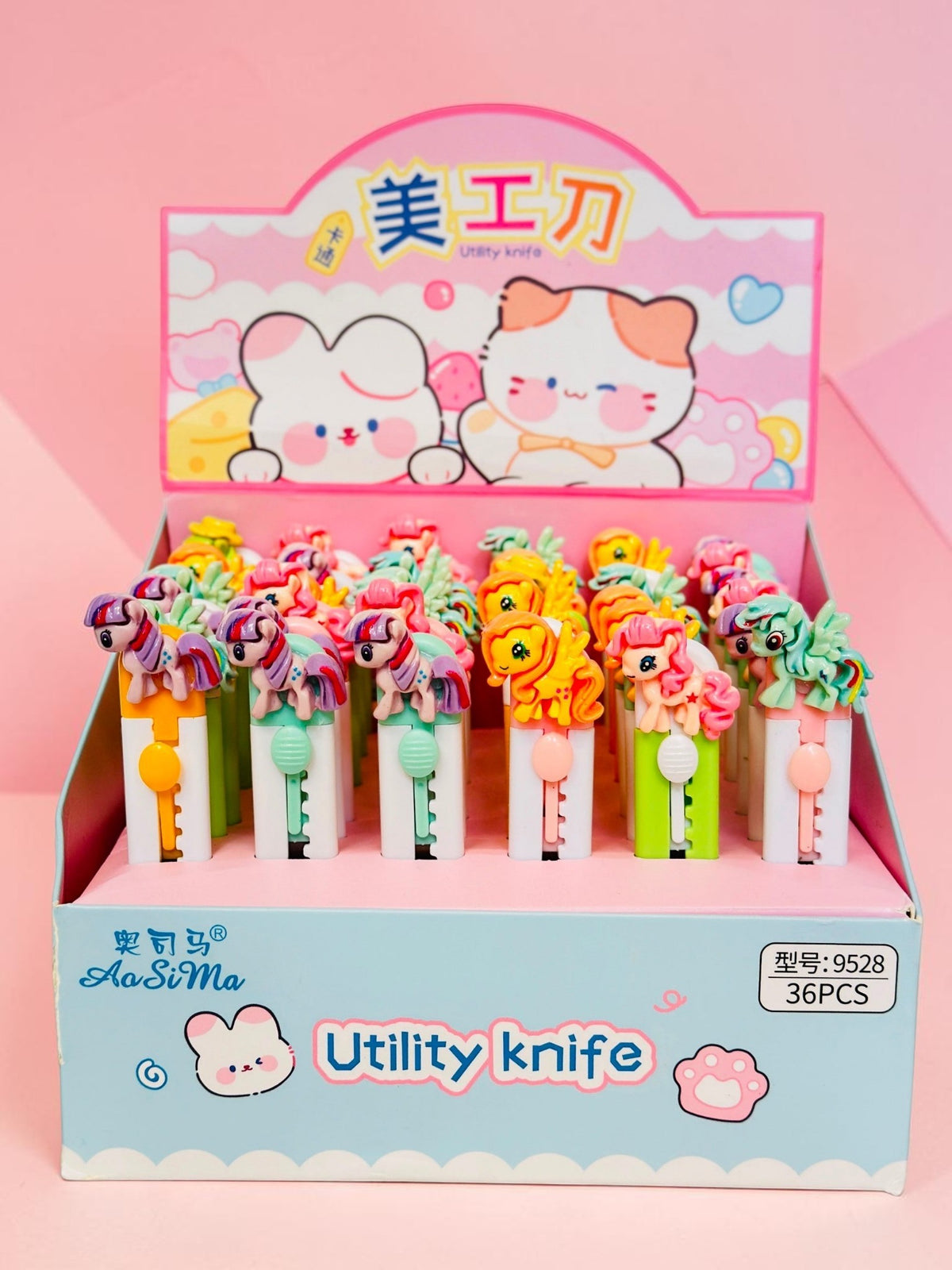 Miso station AoSiMa cartoon pony utility knives in a display box with colorful retractable craft blades