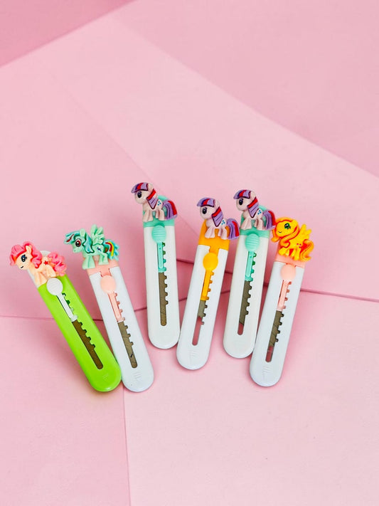 Miso station cartoon pony utility knives in assorted vibrant colors with retractable blades for crafts and school.