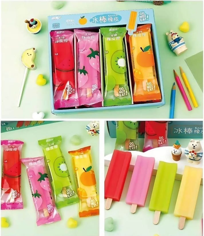 Miso station popsicle shaped rubber erasers in vibrant fruit-themed packaging and individual stick designs.