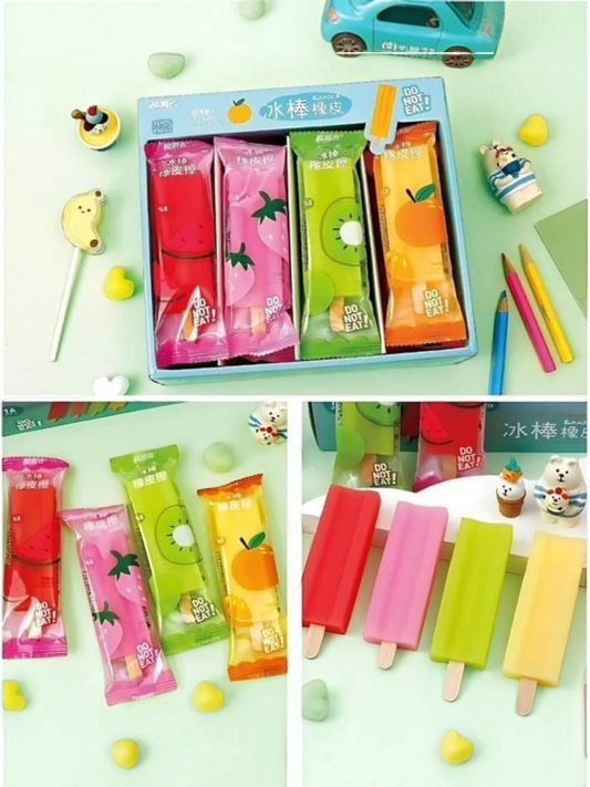 Miso station popsicle shaped rubber erasers in vibrant fruit-themed packaging and individual stick designs.