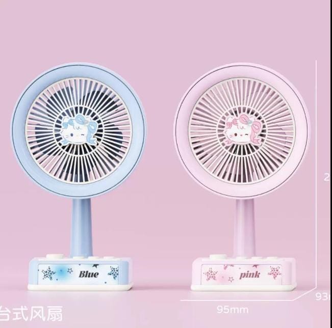 Miso station portable desk fans in pastel blue and pink with cute cartoon character centerpieces and USB power.