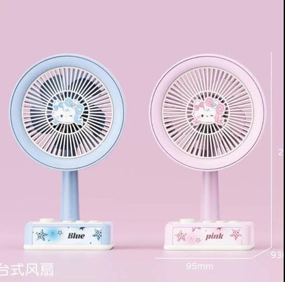 Miso station portable desk fans in pastel blue and pink with cute cartoon character centerpieces and USB power.
