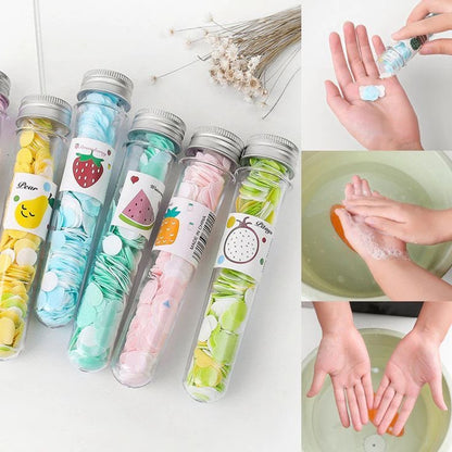 Miso station portable fruit scented paper soap confetti in clear test tubes with flower shaped soap petals for travel