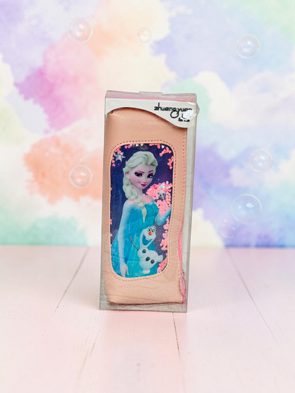 Miso station zhuangyuan sha princess pencil case with Elsa and Olaf, featuring a sequin shaker window in peach pink.
