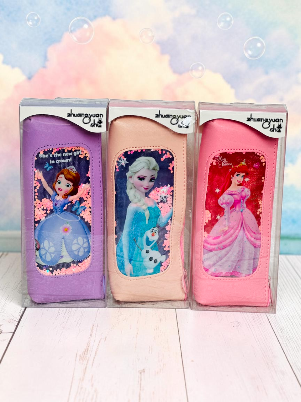 Miso station zhuangyuan sha princess pencil cases in purple, peach, and pink with sequin shaker windows