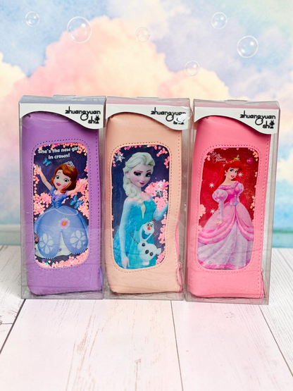 Miso station zhuangyuan sha princess pencil cases in purple, peach, and pink with sequin shaker windows