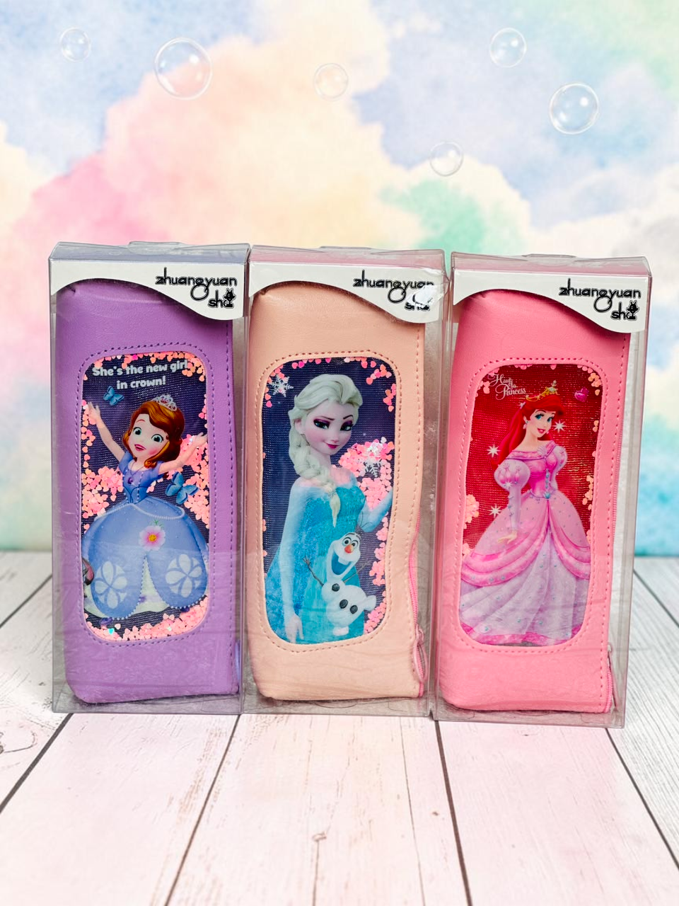 Miso station zhuangyuan sha princess pencil cases with shaker-style sequin windows in purple, peach, and pink.
