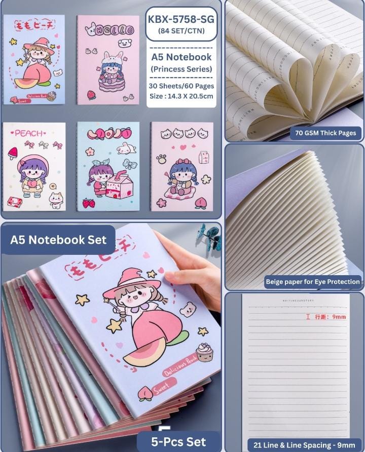 Miso station Princess Series A5 notebook set featuring five colorful character designs with beige eye-protection paper