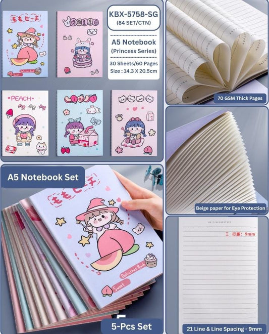 Miso station Princess Series A5 notebook set featuring five colorful character designs with beige eye-protection paper