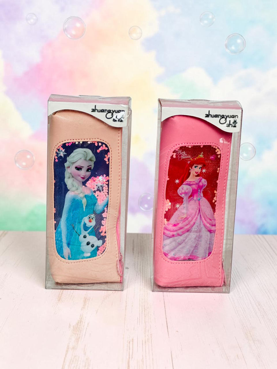 Miso station zhuangyuan sha princess pencil cases with shaker windows filled with sparkling sequins in pink and peach