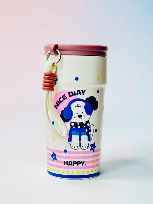 Miso station insulated travel tumbler featuring a cute puppy graphic, pink and blue accents, and a carrying strap.