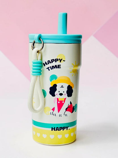 Miso station cream insulated tumbler featuring a puppy in a yellow hat with teal lid, straw, and carrying loop.