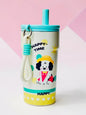 Miso station cream insulated tumbler featuring a puppy in a yellow hat with teal lid, straw, and carrying loop.