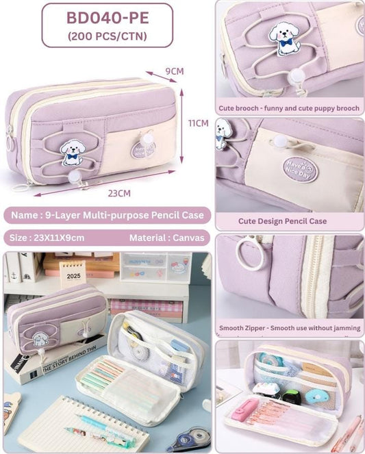 Miso station multi-layer canvas pencil case in pastel purple with a puppy brooch and Have a Nice Day patch.