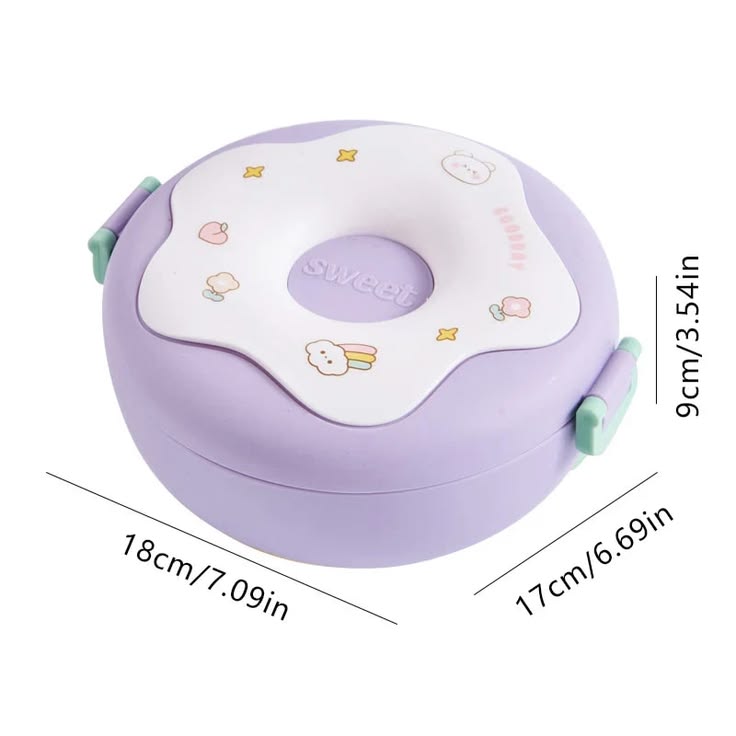 Miso station purple donut-shaped bento lunch box with cute graphics, side locking clips, and dimensions shown.