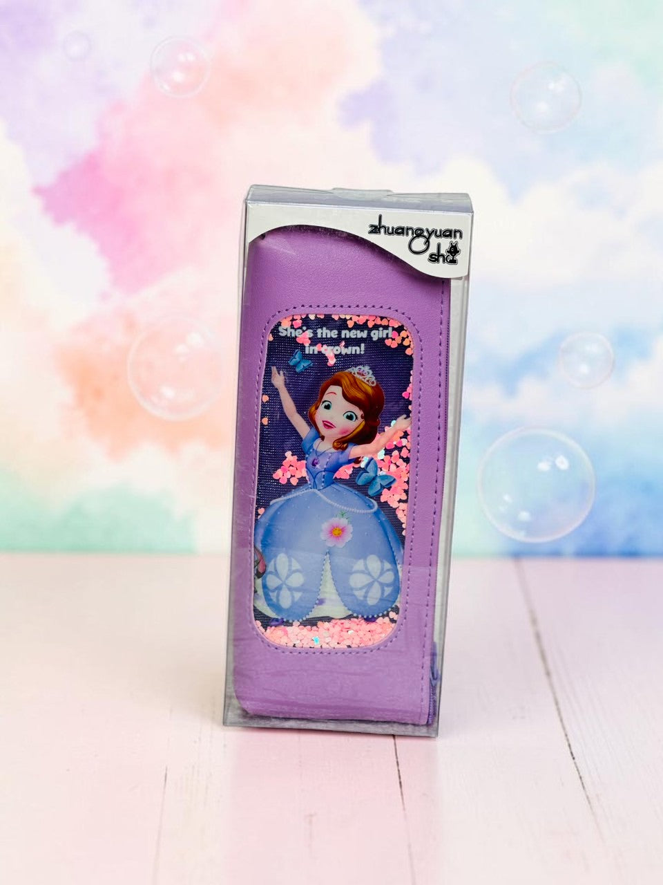 Miso station purple princess character pencil case with a shaker window filled with sparkling pink sequins