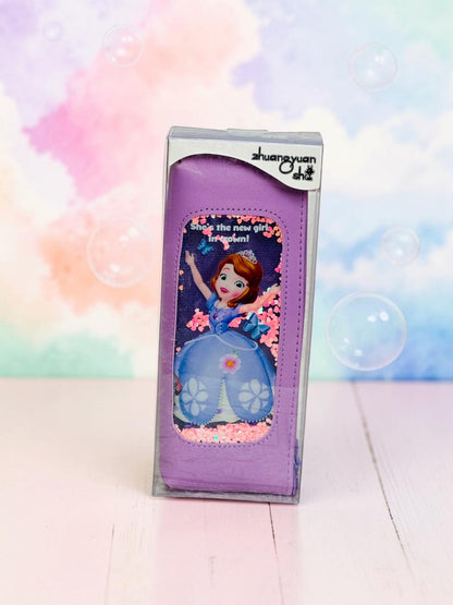 Miso station purple princess character pencil case with a shaker window filled with sparkling pink sequins