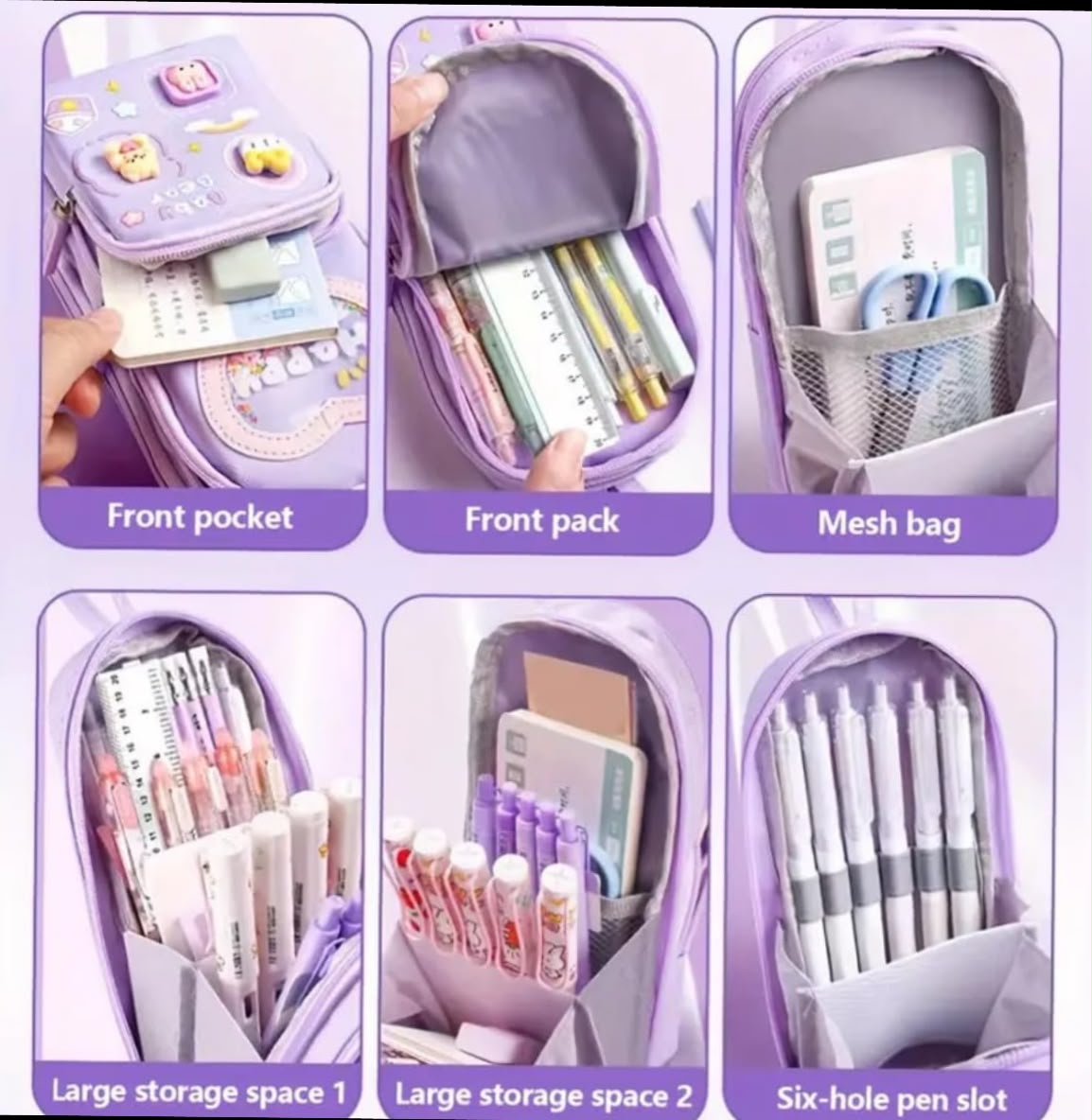 Miso station multi-compartment purple stationery organizer pouch showing interior pen slots, mesh pocket, and storage.