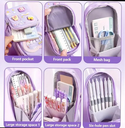 Miso station multi-compartment purple stationery organizer pouch showing interior pen slots, mesh pocket, and storage.