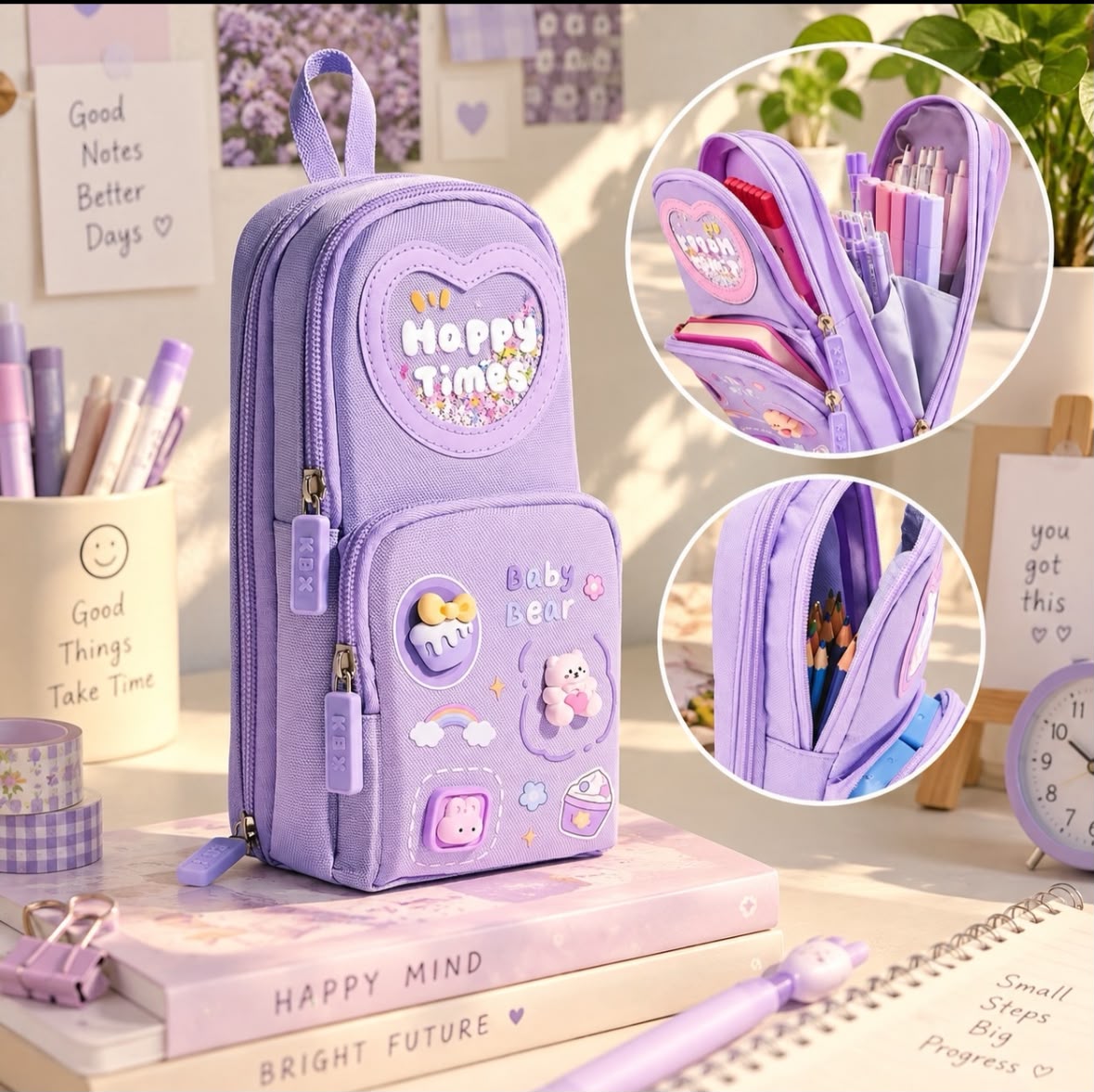Miso station purple multi-compartment stationery pouch with 3D resin charms and glitter heart window on a desk