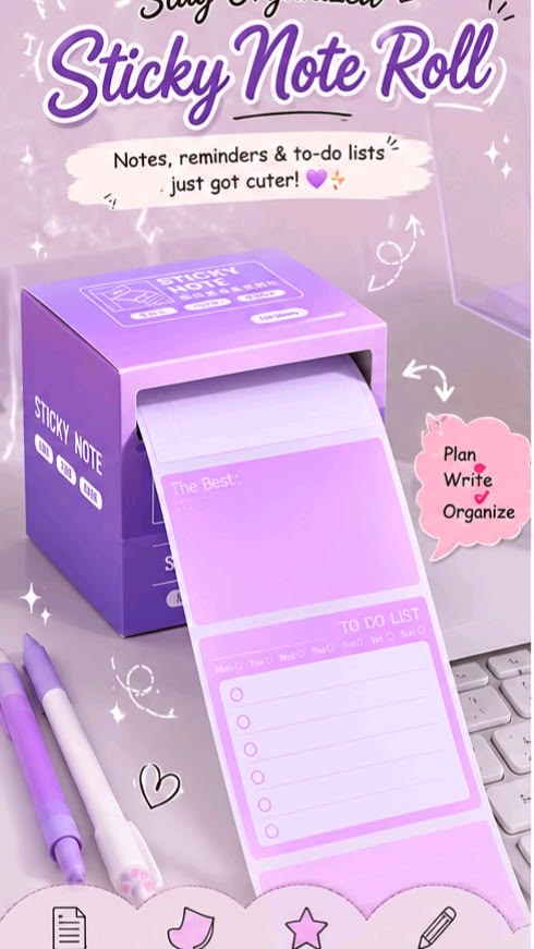 Miso station purple adhesive sticky note roll with desktop dispenser and to-do list paper for desk organization