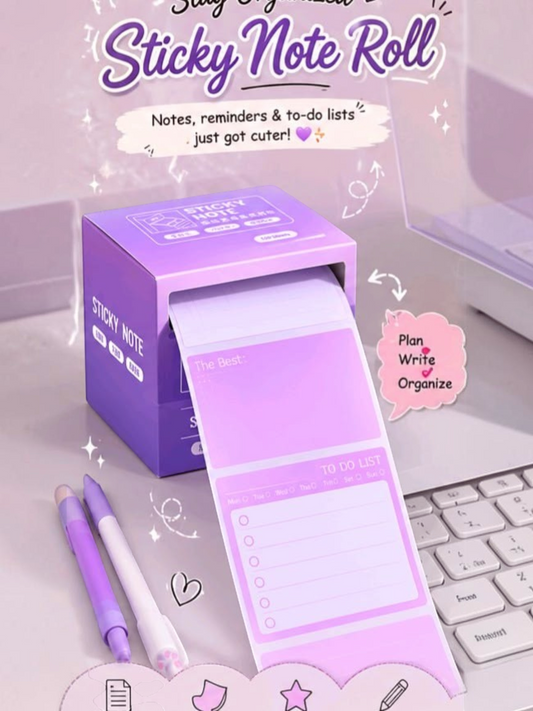 Miso station purple adhesive sticky note roll with desktop dispenser and to-do list paper for desk organization
